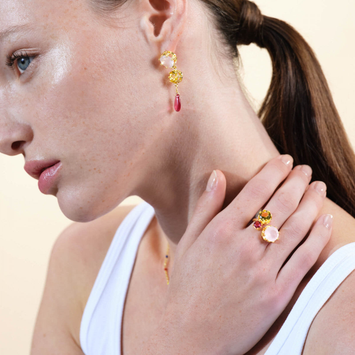 PINK AND YELLOW STONES YOU AND ME AJUSTABLE RING