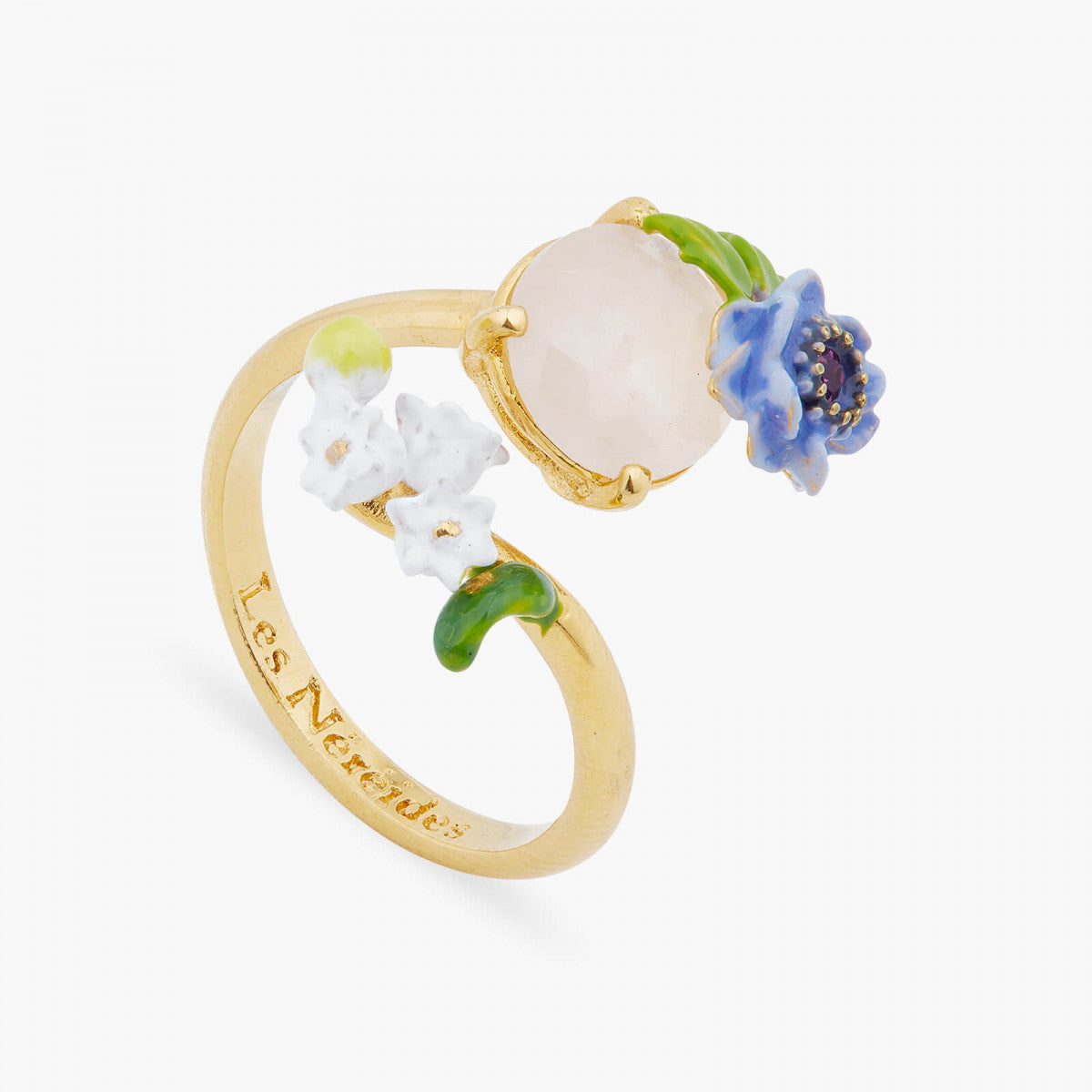 ROSE QUARTZ AND FLORAL COMPOSITION ADJUSTABLE RING
