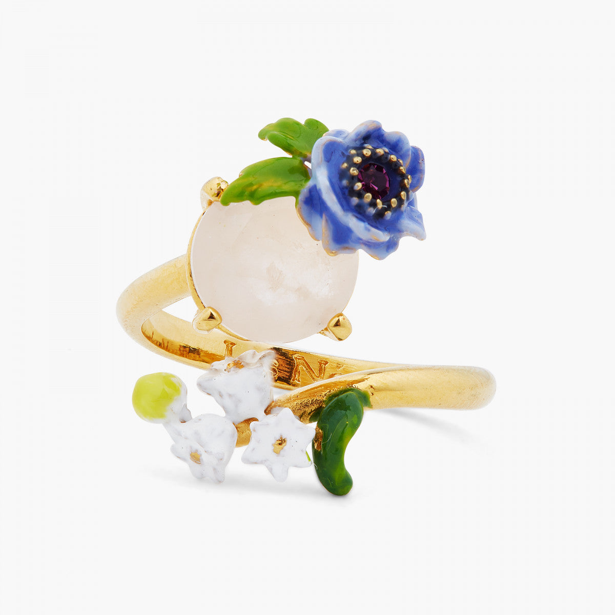 ROSE QUARTZ AND FLORAL COMPOSITION ADJUSTABLE RING