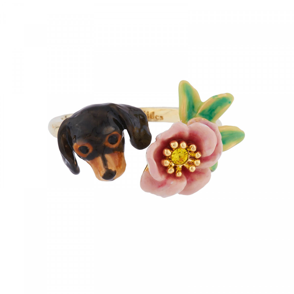 ADJUSTABLE RING WITH SMALL DACHSHUND'S HEAD AND FLOWER