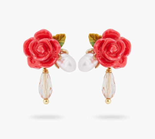 ROSE, CULTURED PEARL AND CRYSTAL DROP EARRINGS