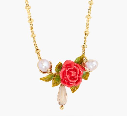 ROSE, CULTURED PEARL AND CRYSTAL DROP STATEMENT NECKLACE