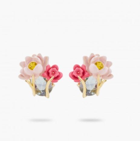 PINK LOTUS AND LIGHT BLUE STONE POST EARRINGS