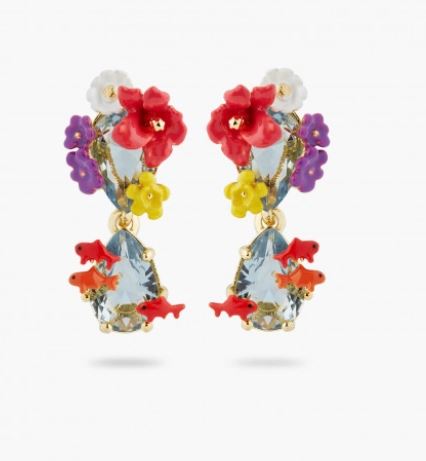 DOUBLE STONE, FLOWERS AND KOI FISH POST EARRINGS