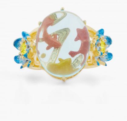 GLASS OVAL, KOI FISH AND BLUE LOTUS COCKTAIL RING