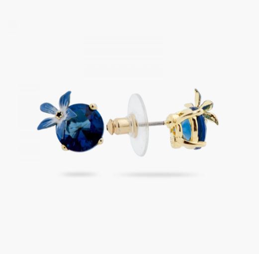 BLUE FLOWER AND ROUND STONE POST EARRINGS