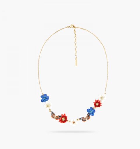 BLUE, WHITE AND RED FLOWERS AND BUTTERFLY STATEMENT NECKLACE