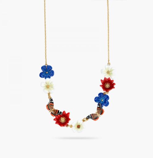BLUE, WHITE AND RED FLOWERS AND BUTTERFLY STATEMENT NECKLACE