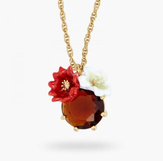 TWO FLOWERS AND FACETED GLASS PENDANT NECKLACE