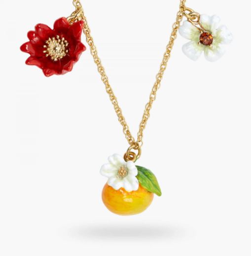 BLUE, WHITE AND RED FLOWERS, CLEMENTINE AND BUTTERFLY CHARM NECKLACE