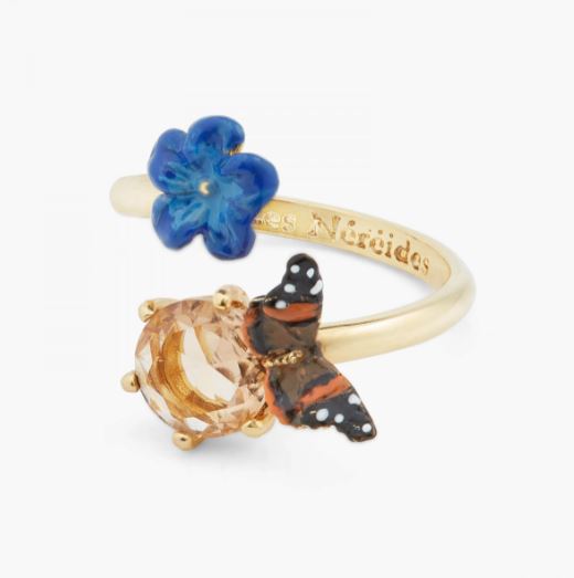 BLUE FLAX FLOWER AND BUTTERFLY ADJUSTABLE RING