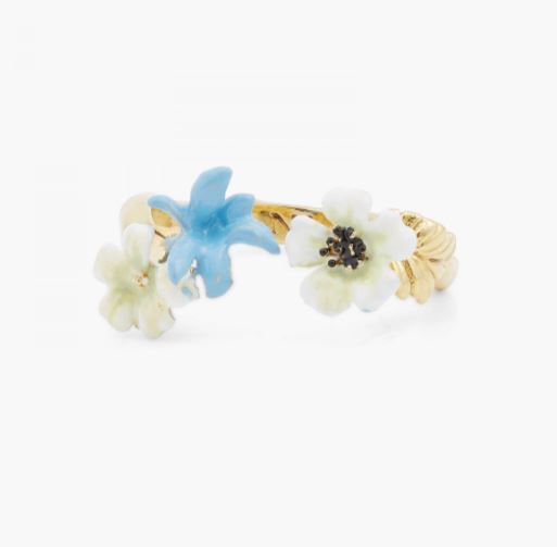 WHITE FLOWERS AND BLUE FLOWER ADJUSTABLE RING