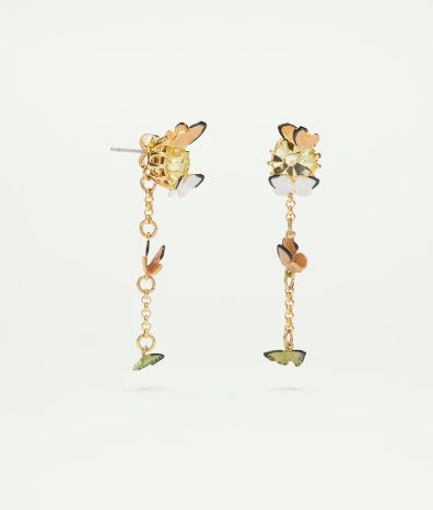 Enamelled butterfly and cut glass stone dangling post earrings