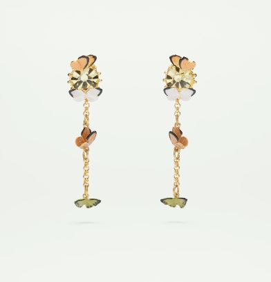 Enamelled butterfly and cut glass stone dangling post earrings