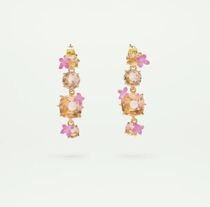Apricot pink diamantine 4 stone and flower dangling post earrings