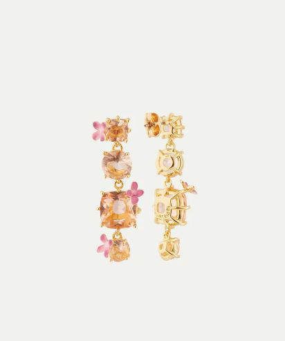 Apricot pink diamantine 4 stone and flower dangling post earrings