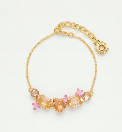 Apricot pink diamantine 5 stone and flower fine bracelet