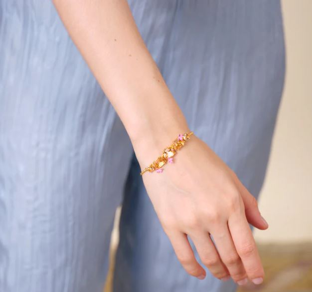 Apricot pink diamantine 5 stone and flower fine bracelet