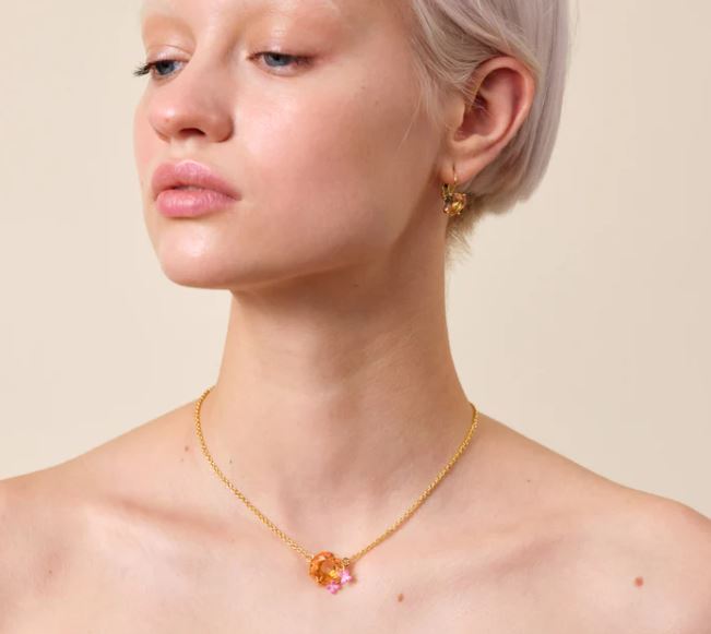 Apricot pink diamantine flower and round stone fine necklace