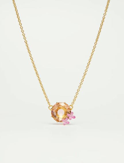 Apricot pink diamantine flower and round stone fine necklace