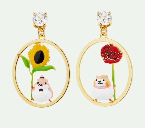 Hamster and flower asymmetrical post earrings