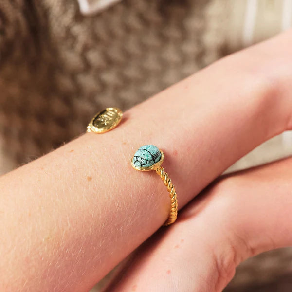 TURQUOISE SCARAB BEETLE AND EGYPTIAN HIEROGLYPH BANGLE BRACELET