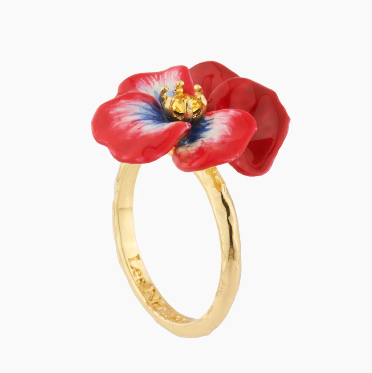 Red Pansy and Faceted Crystal Cocktail Ring