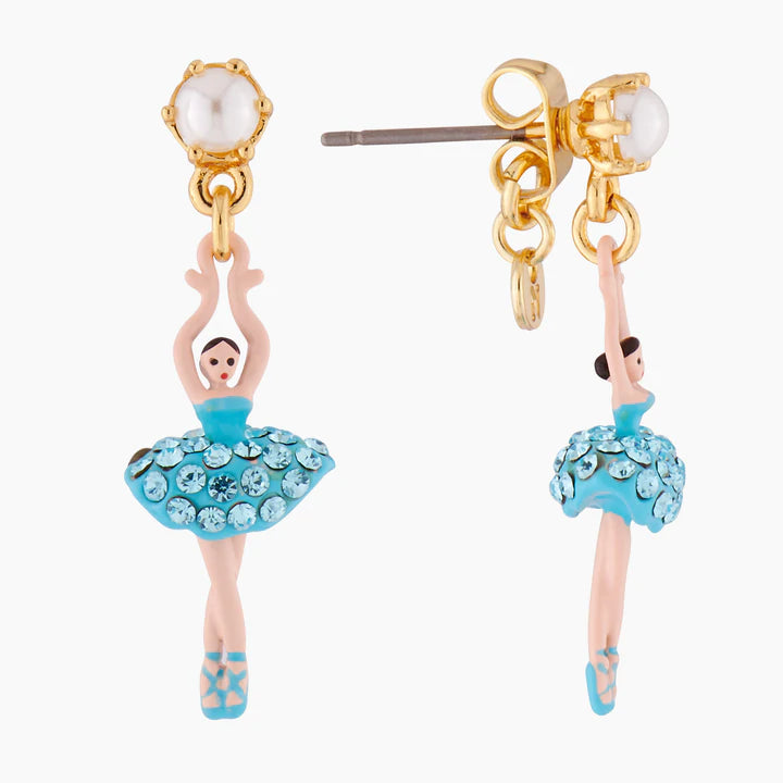 LES NÉRÉIDES MINI PAS DE DEUX PAVED AQUAMARINE CRYSTALS MINI BALLERINA EARRINGS