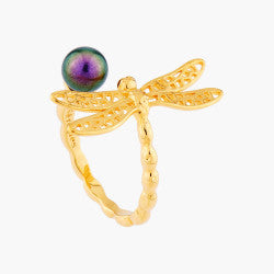 SMALL DRAGONFLY AND IRIDESCENT PEARL ADUSTABLE RING