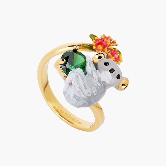 Koala, Rosebud and Faceted Glass adjustable ring