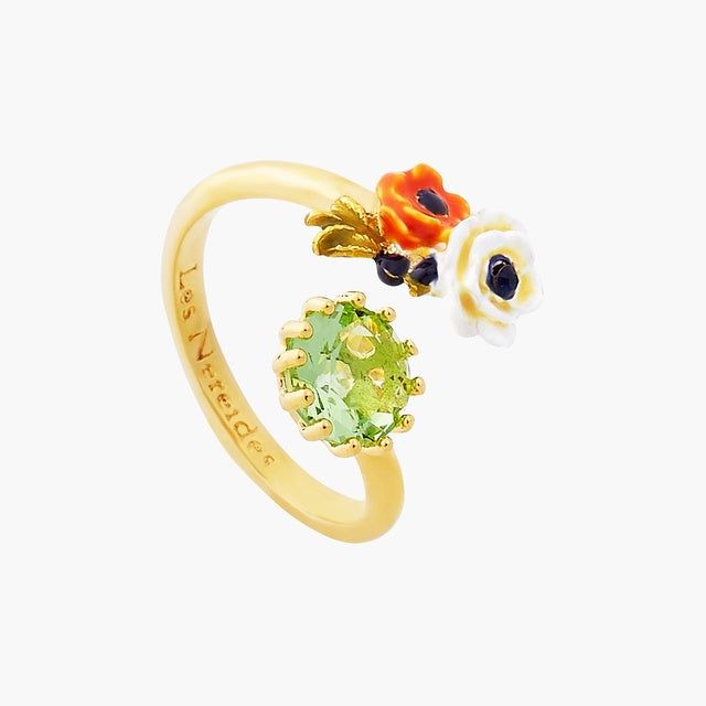 POPPY FLOWERS AND FACETED GLASS STONE YOU AND ME RING