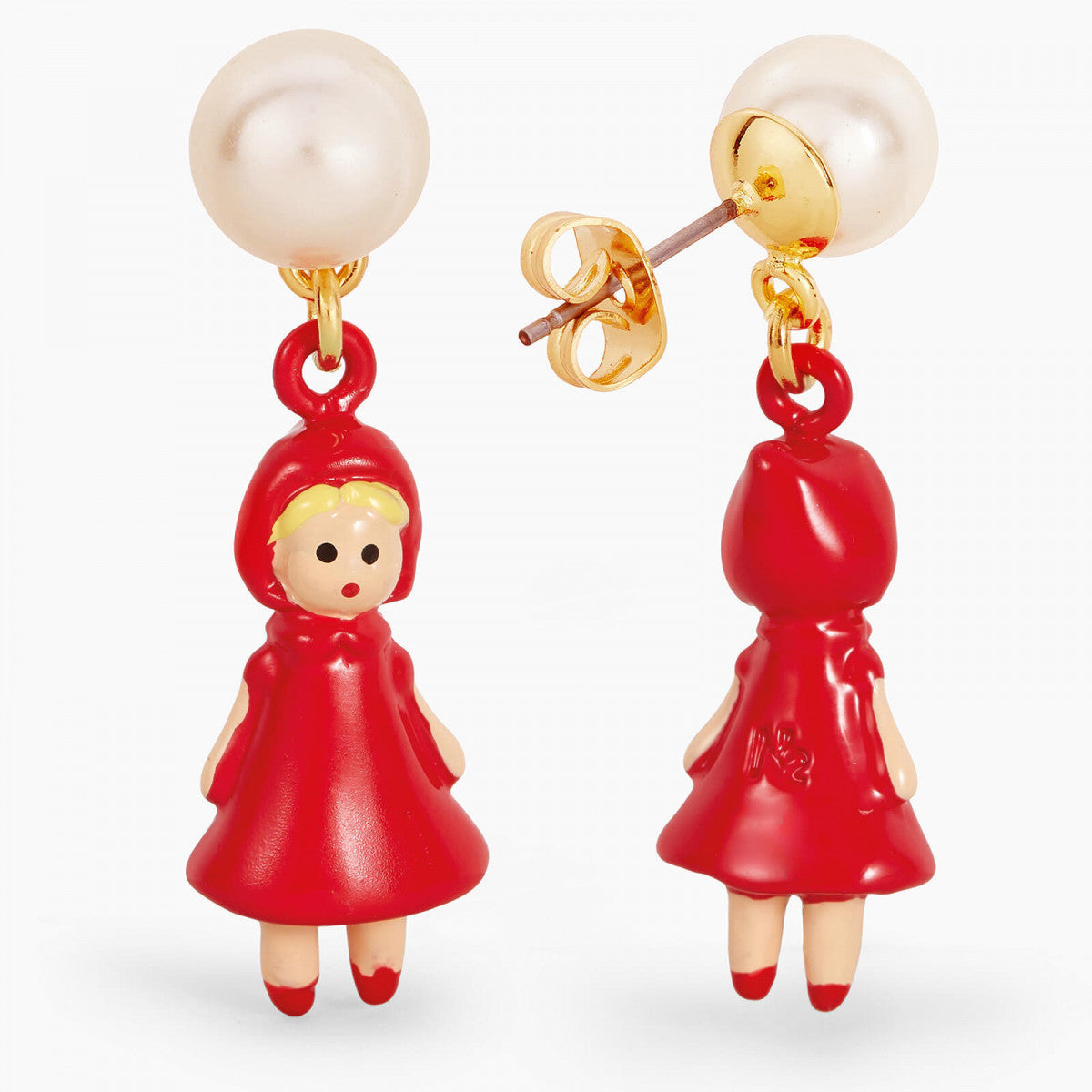 PEARL AND LITTLE RED RIDING HOOD POST EARRINGS