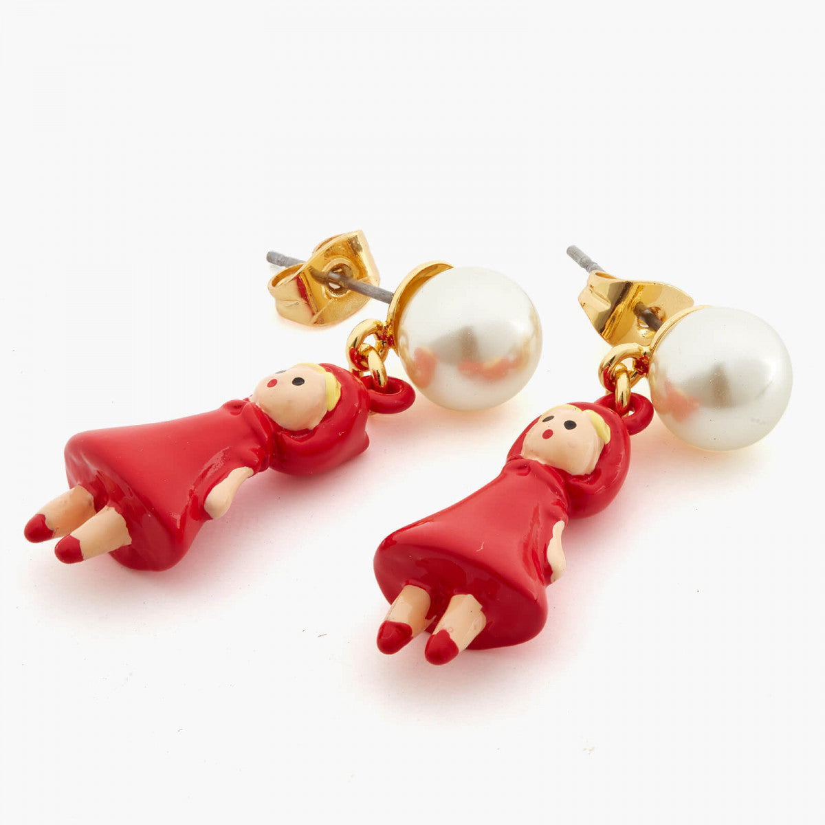 PEARL AND LITTLE RED RIDING HOOD POST EARRINGS