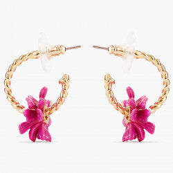 TWISTED HOOPS AND PINK FLOWER POST EARRINGS