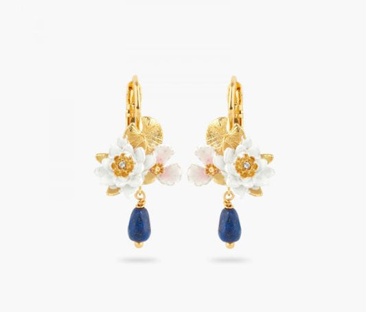 WHITE WATER LILY AND LAPIS LAZULI SLEEPER EARRINGS
