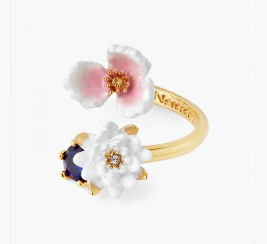 WHITE WATER LILY ON BLUE STONE AND PINK WATER PLANTAIN ADJUSTABLE RING