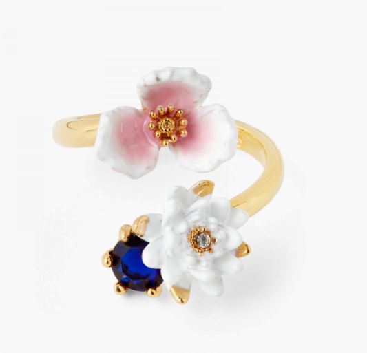 WHITE WATER LILY ON BLUE STONE AND PINK WATER PLANTAIN ADJUSTABLE RING