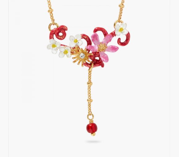VINE FLOWERS AND PEARL PENDANT STATEMENT NECKLACE