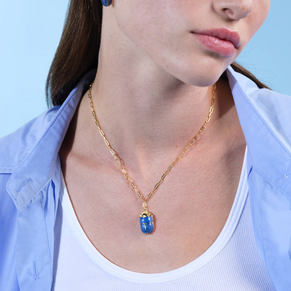 BLUE SCARAB BEETLE AND RECTANGLE LINK CHAIN NECKLACE