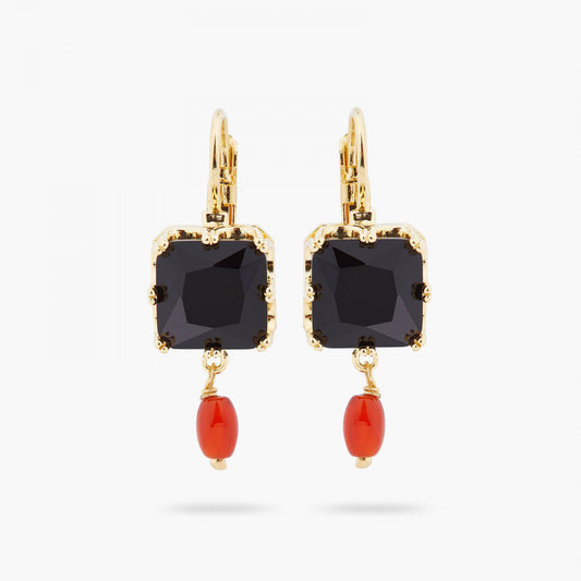 BLACK SQUARE STONE AND BEAD SLEEPER EARRINGS