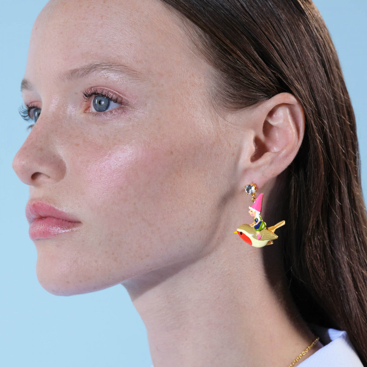 GARDEN GNOME AND BIRD ASYMMETRICAL POST EARRINGS