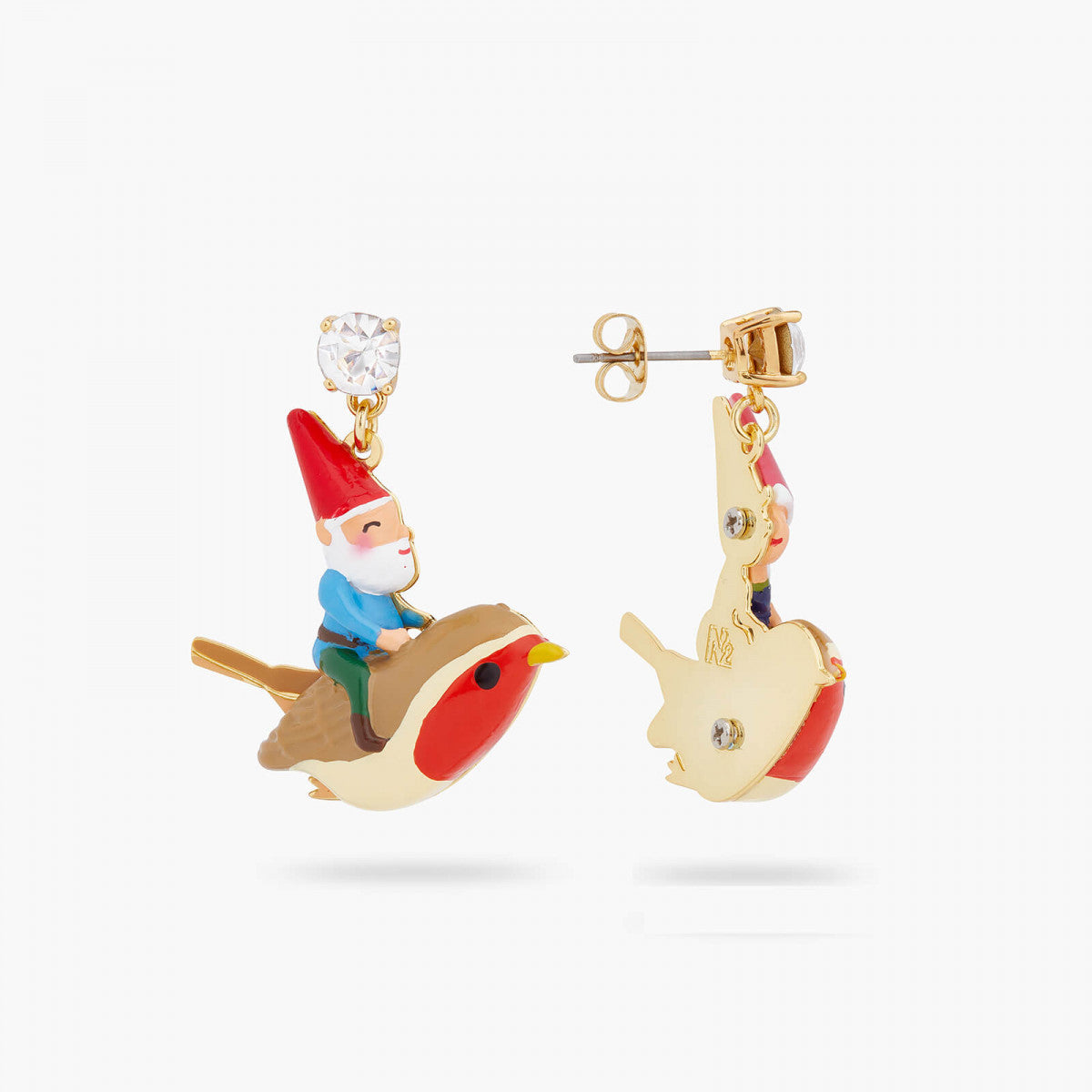 GARDEN GNOME AND BIRD ASYMMETRICAL POST EARRINGS