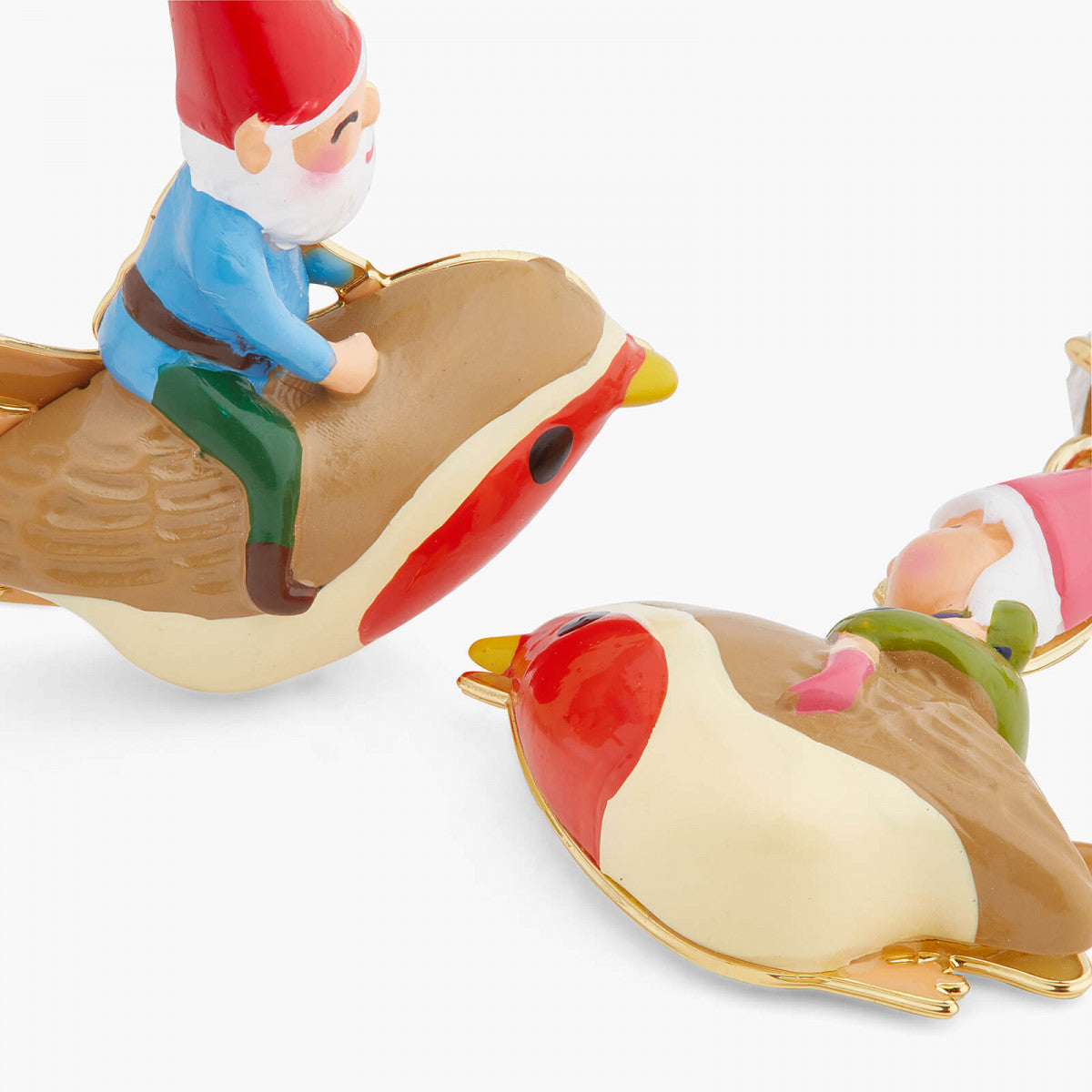 GARDEN GNOME AND BIRD ASYMMETRICAL POST EARRINGS