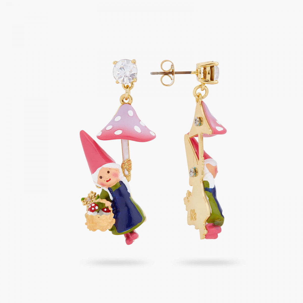 GARDEN GNOME LADY AND MUSHROOM PICKING POST EARRINGS