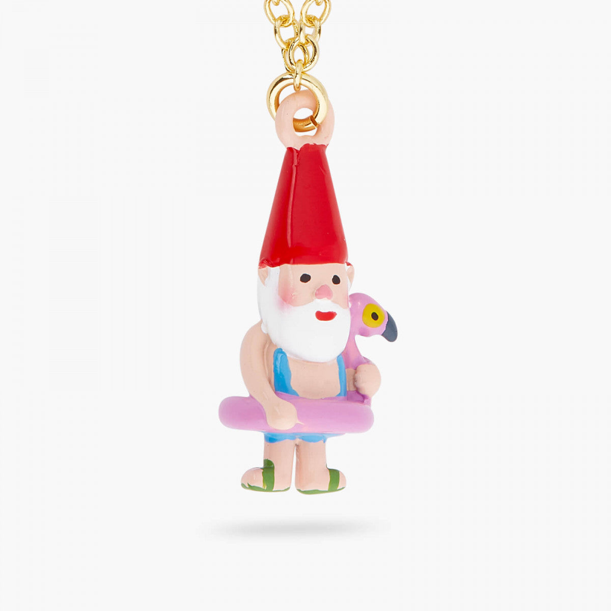 GARDEN GNOME AND INFLATABLE PINK FLAMINGO PENDANT NECKLACE