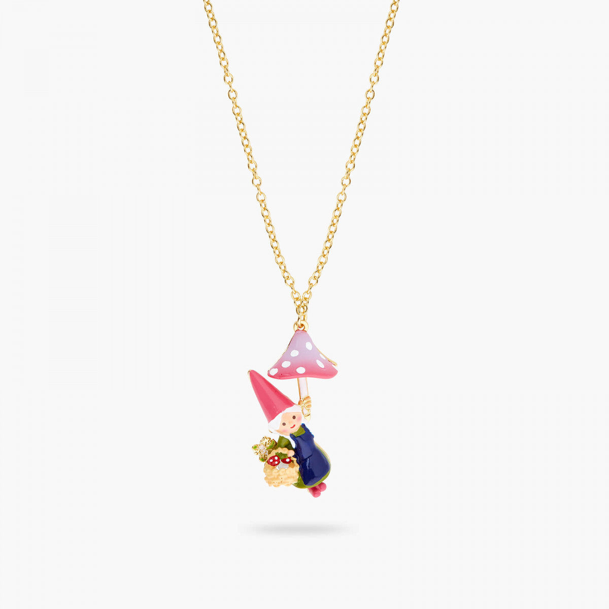 GARDEN GNOME LADY AND MUSHROOM PICKING PENDANT NECKLACE