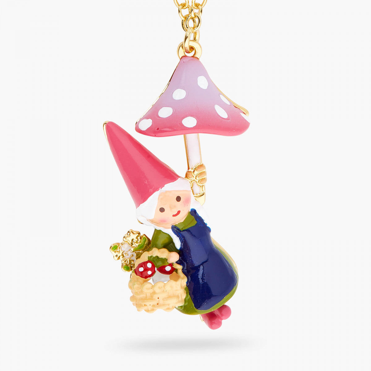 GARDEN GNOME LADY AND MUSHROOM PICKING PENDANT NECKLACE