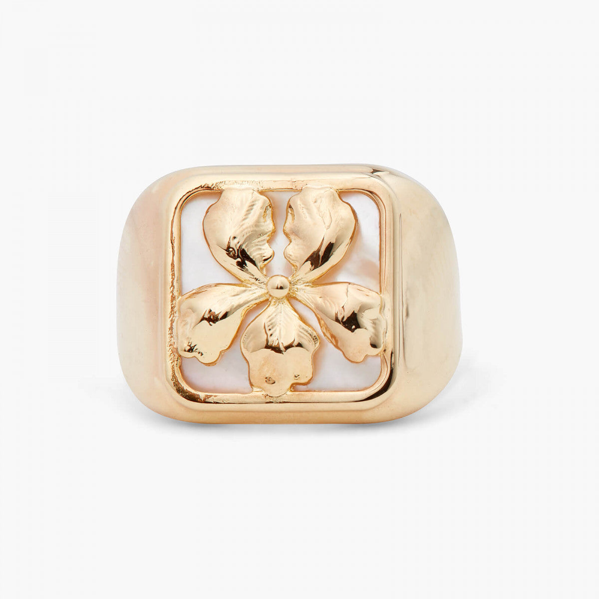 GOLD IRIS ON MOTHER OF PEARL PLATE RING