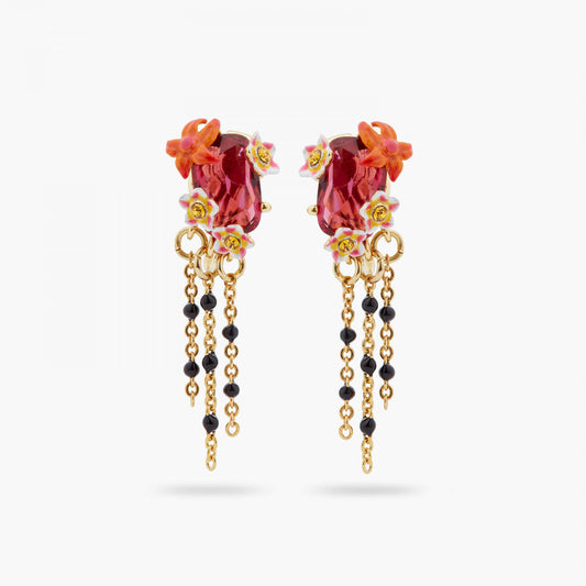 FACETED CRYSTAL AND EXOTIC FLOWER DANGLING POST EARRINGS