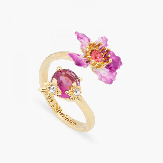 PURPLE BAUHINIA FLOWER AND FACETED CRYSTAL YOU AND ME ADJUSTABLE RING
